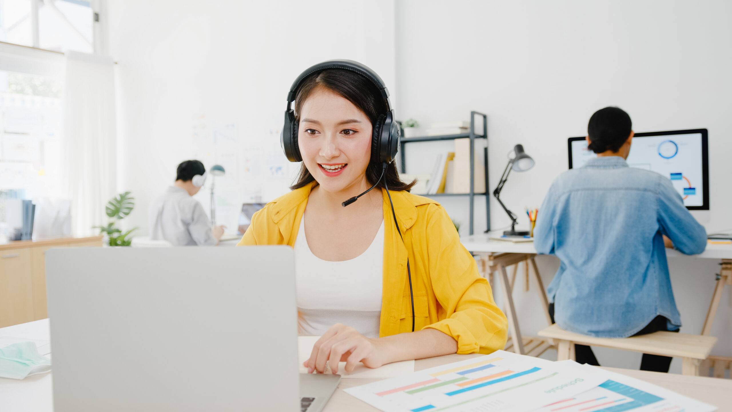 Asia businesswoman social distancing in new normal situation for